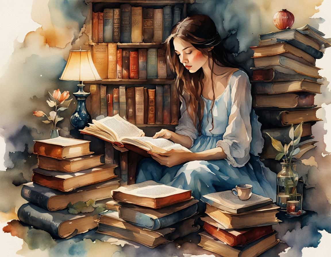 Whimsical Woman Reading: Watercolor Storybook Illustration