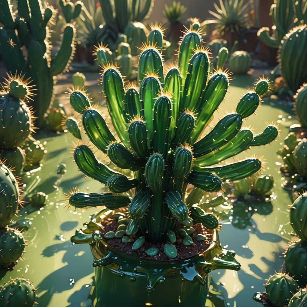 Hyperrealistic Glass Cactus Splash Art