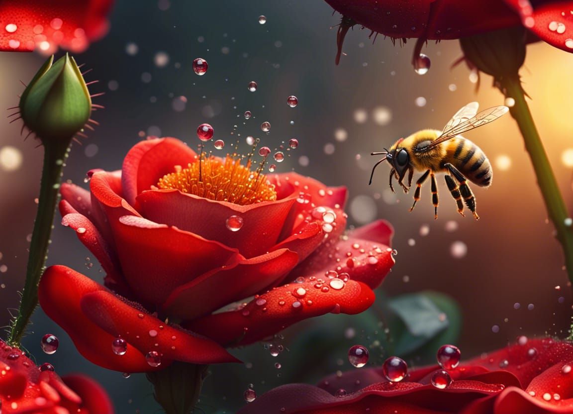 Honey Bee Pollinating Red Rose in Macro Photography