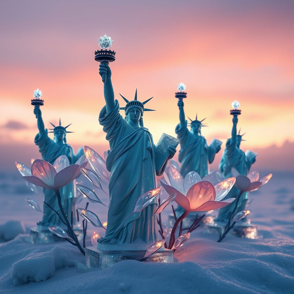 Ice Flower Liberty Statues in Dystopian Realism