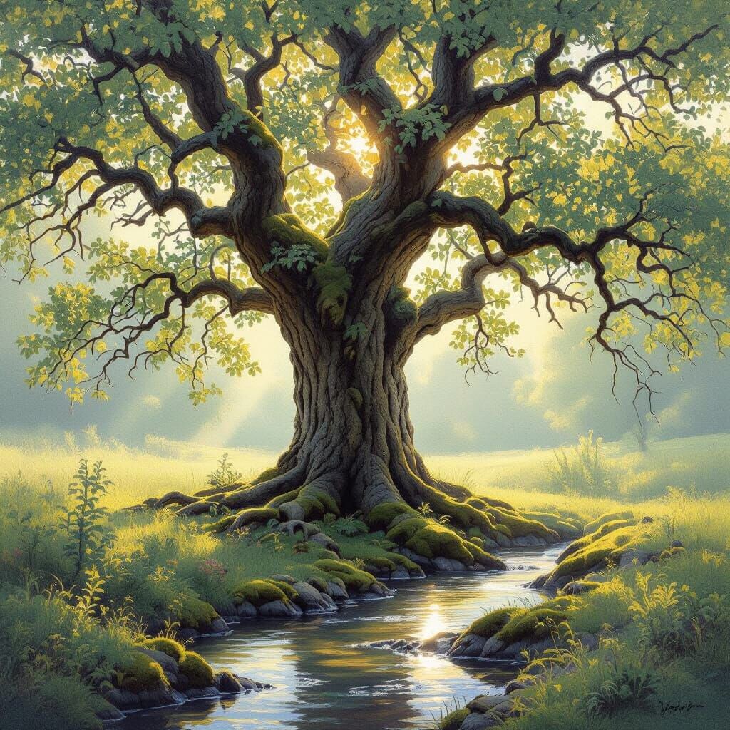 Ancient Oak Tree in Misty Clearing: Impressionistic Oil Pain...