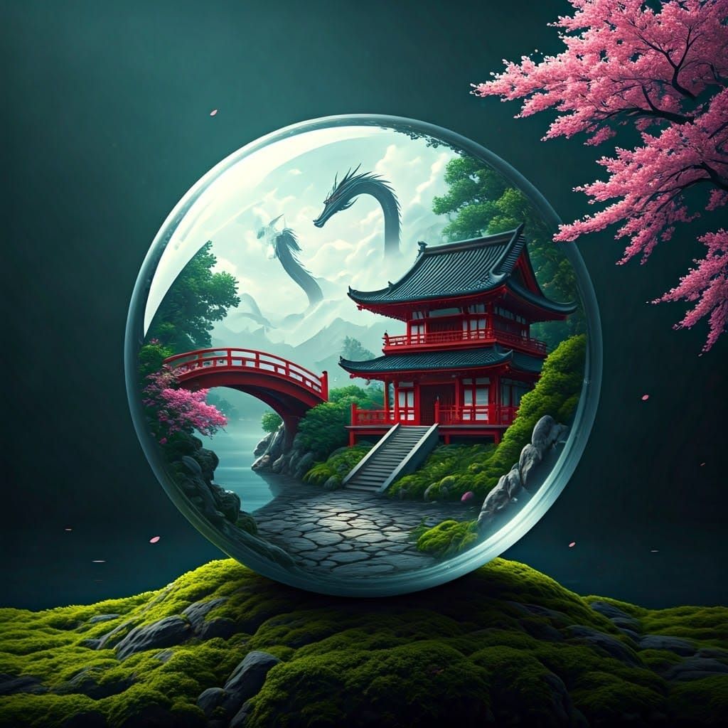 Japanese Maiden in Orb with Dragon, Fantasy Art