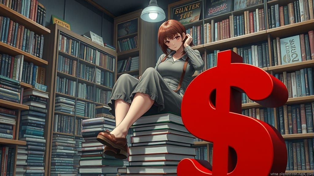 Anime Woman Exhausted in Bookstore, 3D Rendered Art