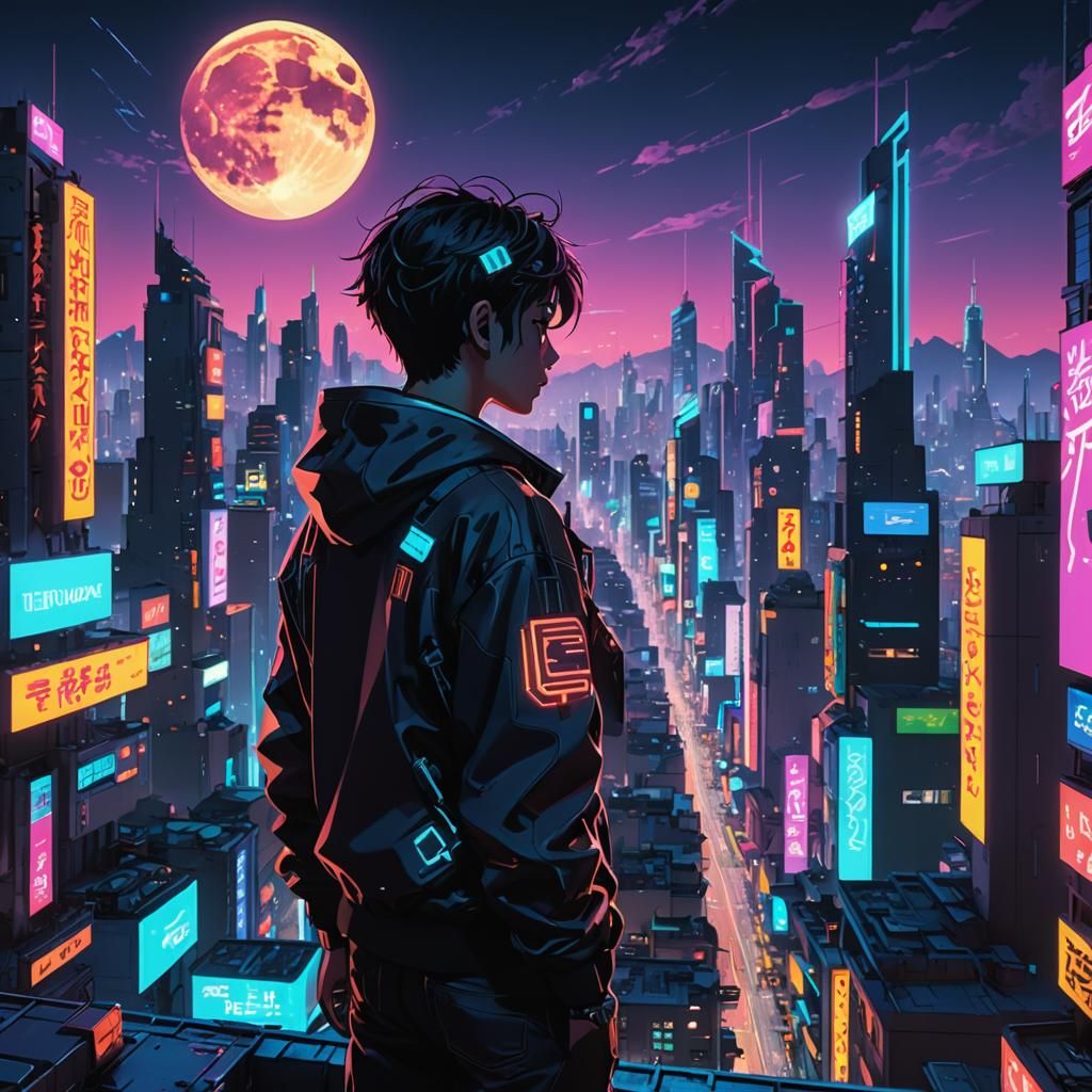 Cyberpunk Cityscape: Neon Anime-Style Rooftop View