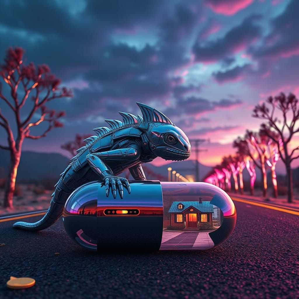 Futuristic Robotic Chameleon in Cyberpunk Environment