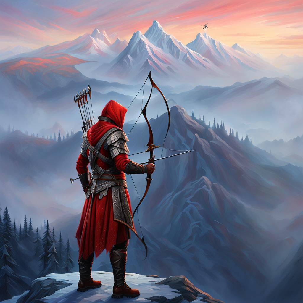 Elven Archer on Misty Peak in Oil Painting Style