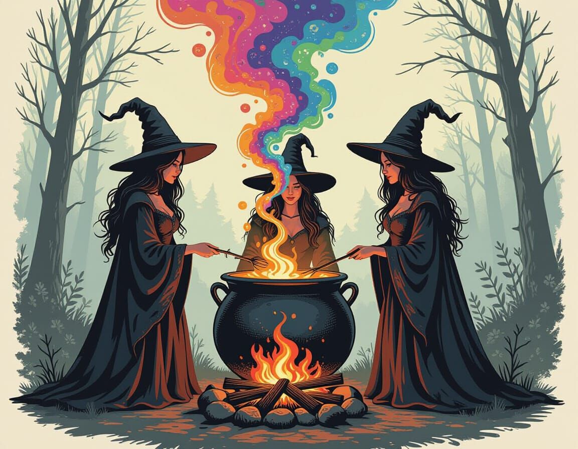Three Witches Stirring Cauldron, Multicolored Steam