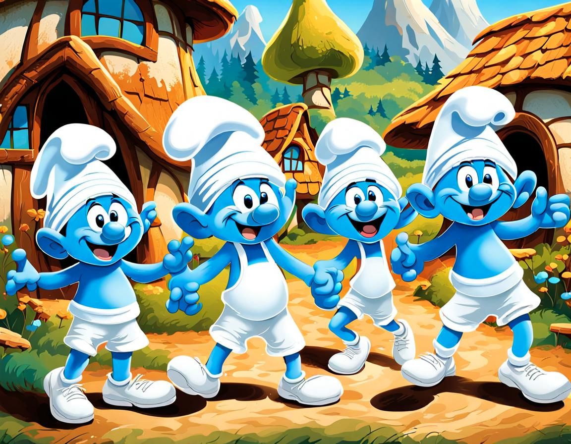 Smurfs Dancing in Smurf Village in Peyo Cartoon Style