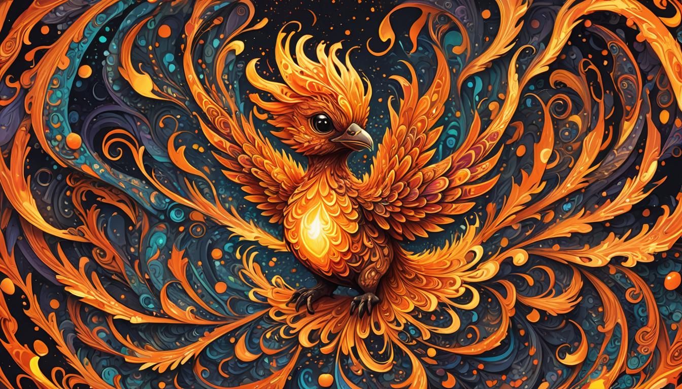 Orange Baby Phoenix in Psychedelic Graffiti Art