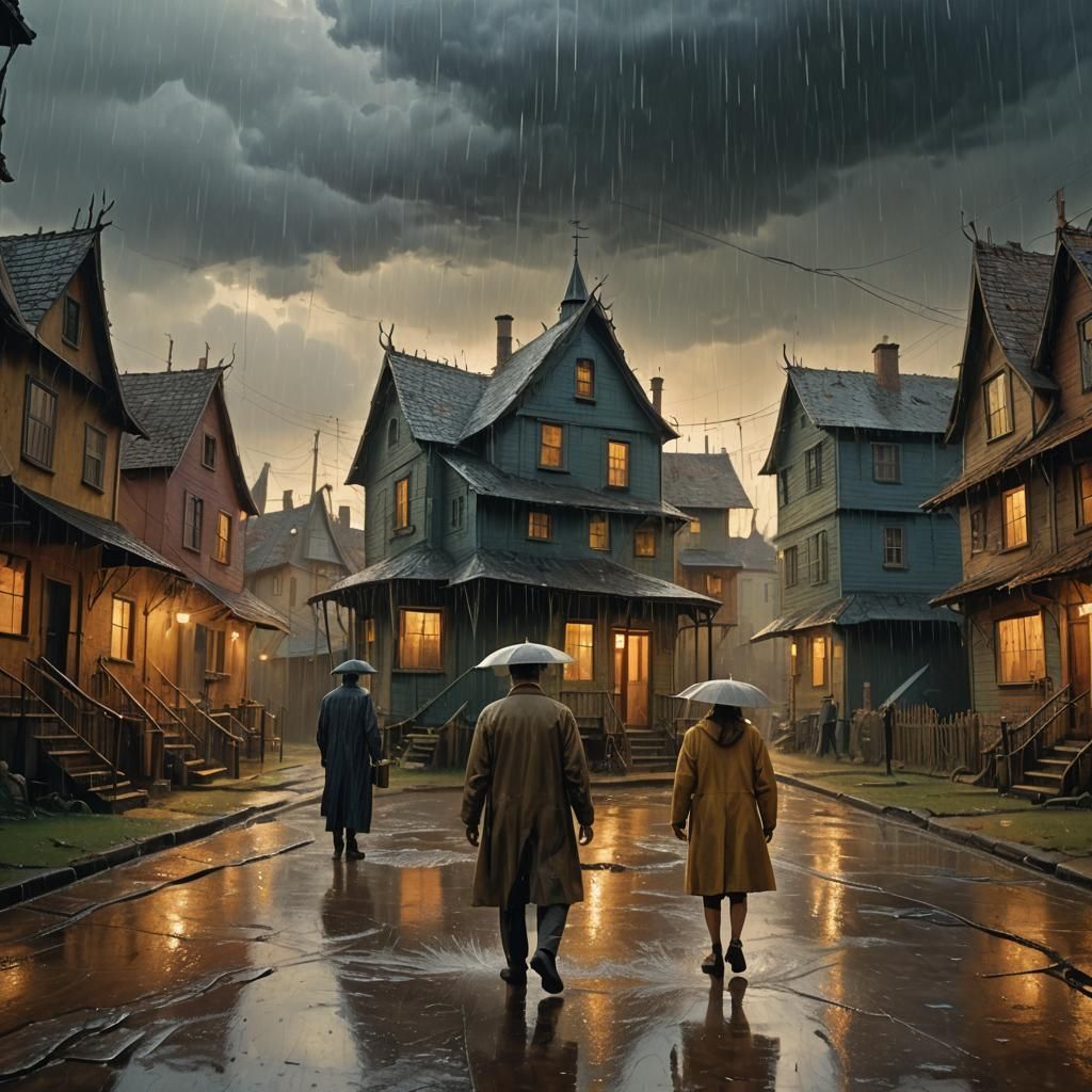 Surreal Creatures in Rainy Landscape, Oil Painting