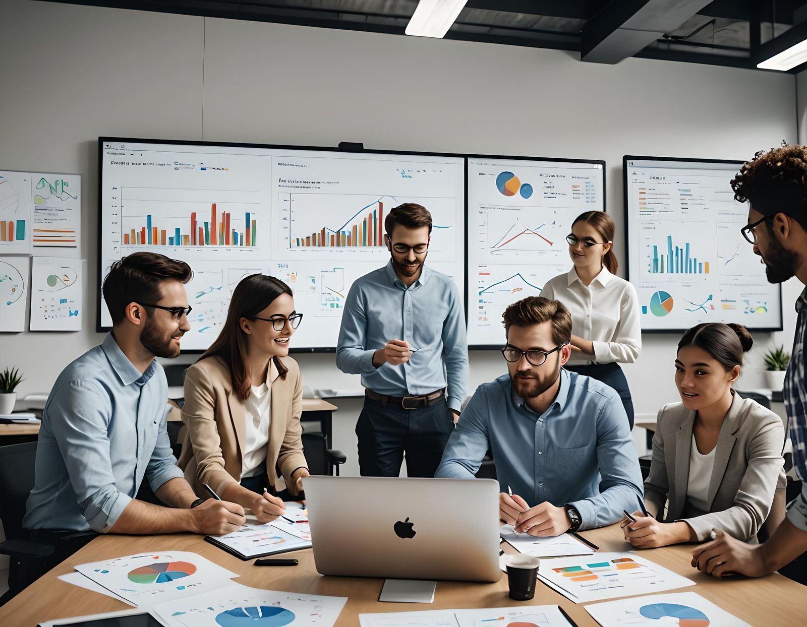 Marketing Team Analyzes Campaign Performance on Multiple Scr...