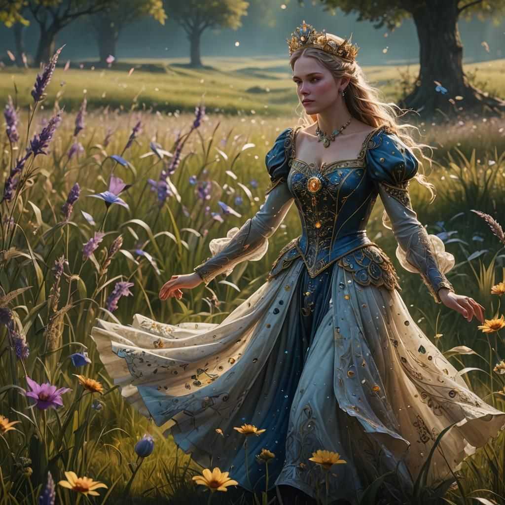 White Queen Dancing in Meadow: Fantasy Concept Art