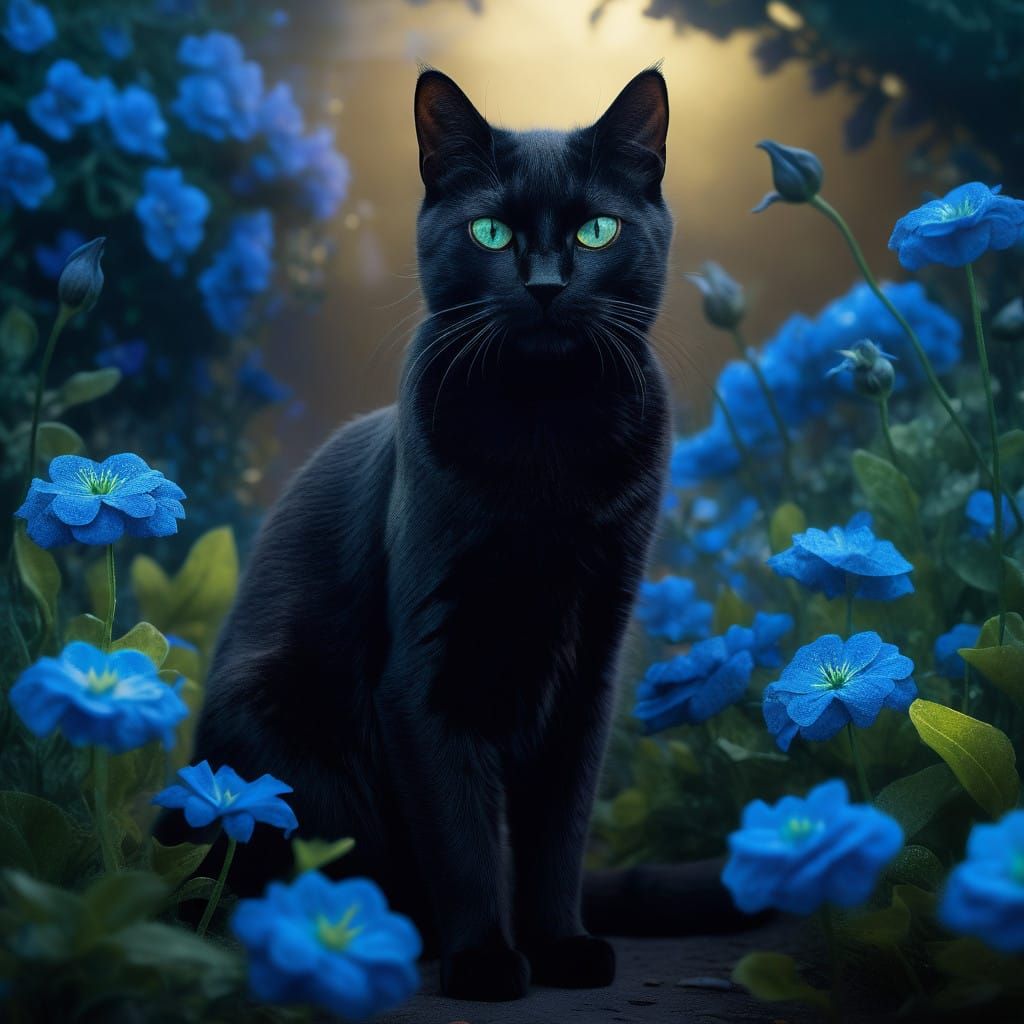 Elegant Black Cat in Enchanted Garden at Night