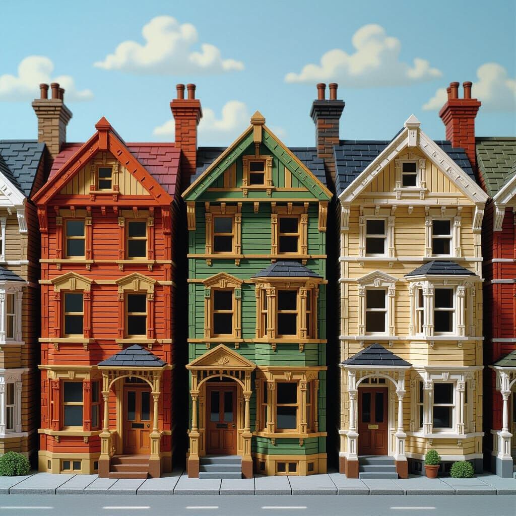 Hyperrealistic Wooden Block Victorian Row Houses
