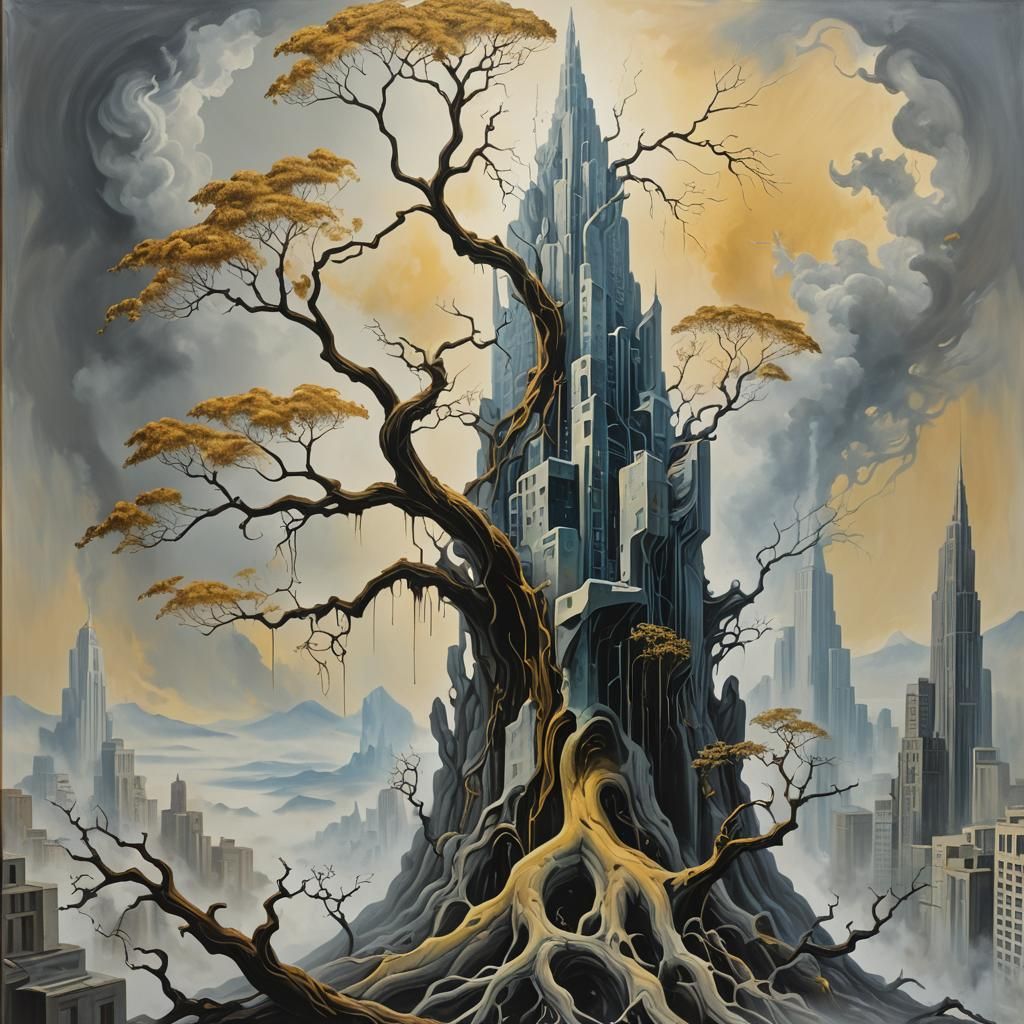 Volcano and Skyscraper in Surrealist Dreamscape