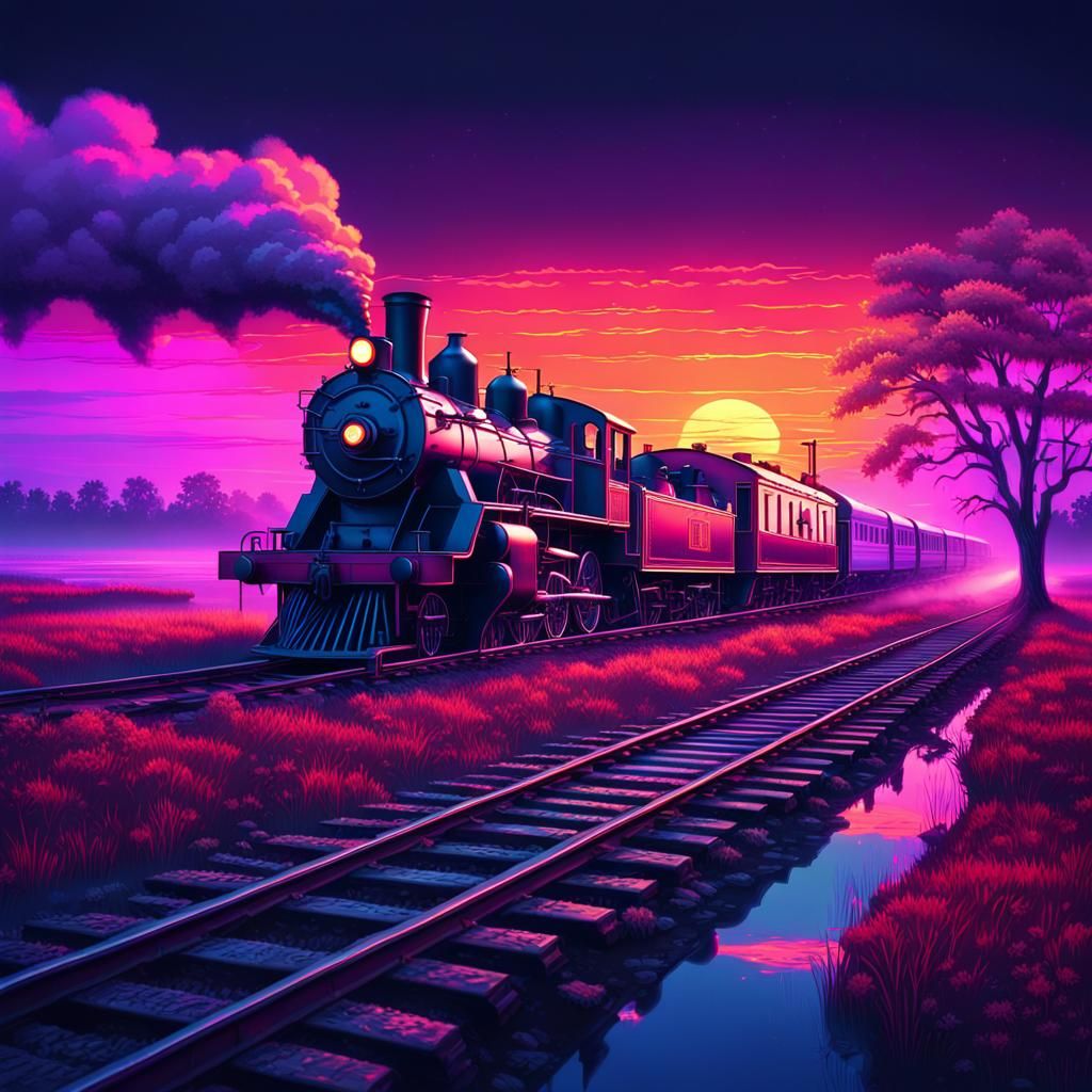 Neon Steam Train in Synthwave Retro Style