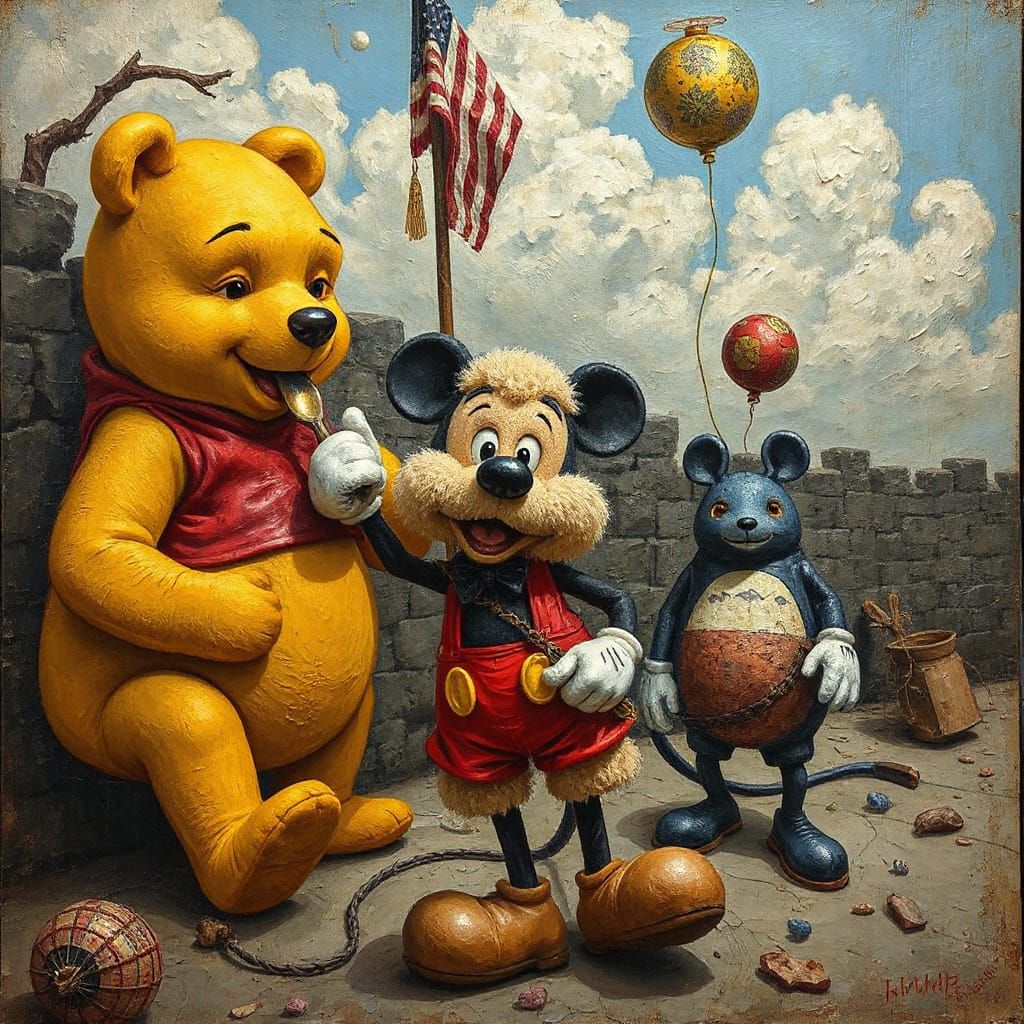 Absurdist Hybrid: Pooh, Mickey, and Zuckerberg