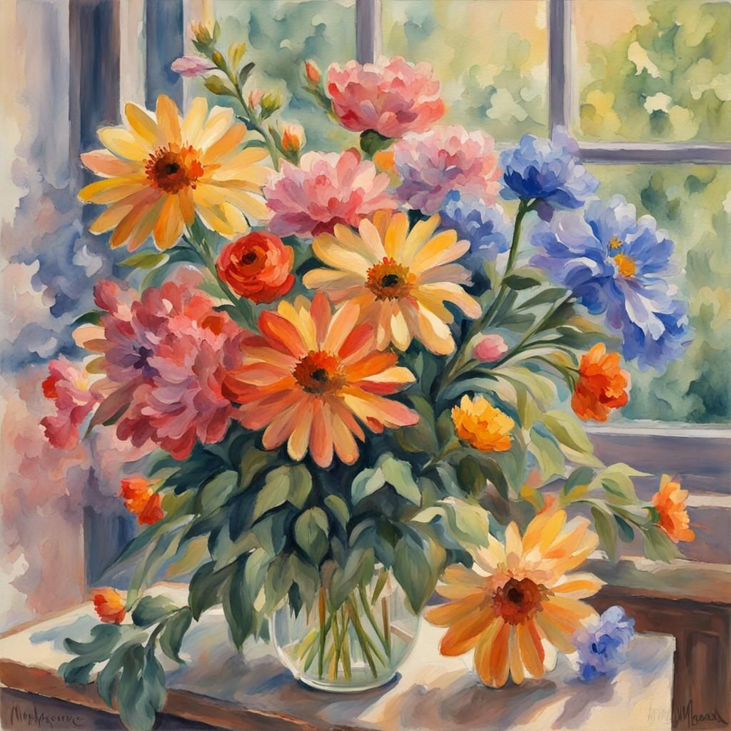 Windowflowers: Gouache Impressionist Masterpiece
