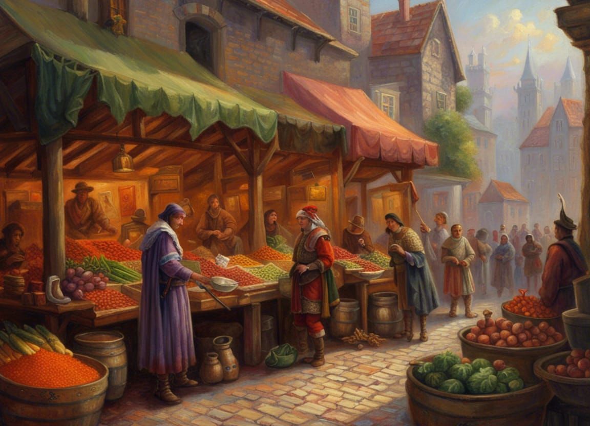 Medieval Marketplace Scene in Oil Painting Style