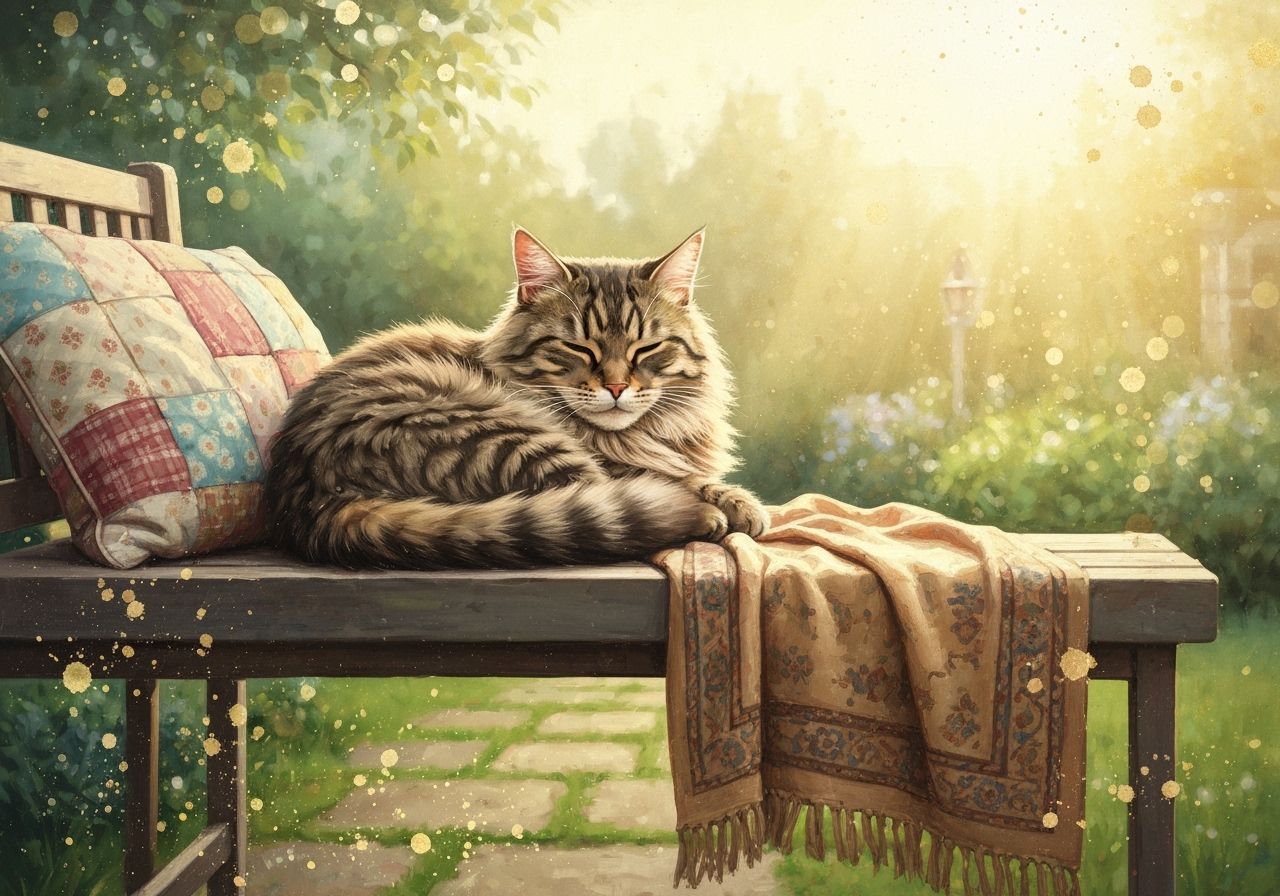 Fluffy Tabby Cat in Impressionistic Garden Scene