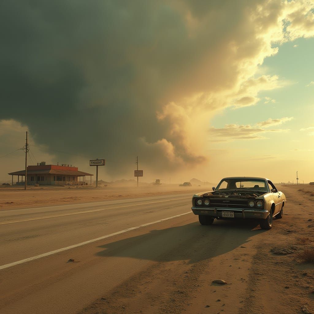 Abandoned Highway in a Dystopian Desert Landscape