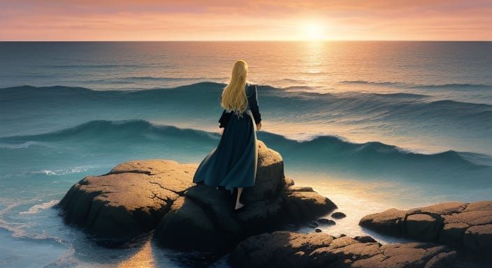 Woman Mourning on Rocky Shore in Surreal Style