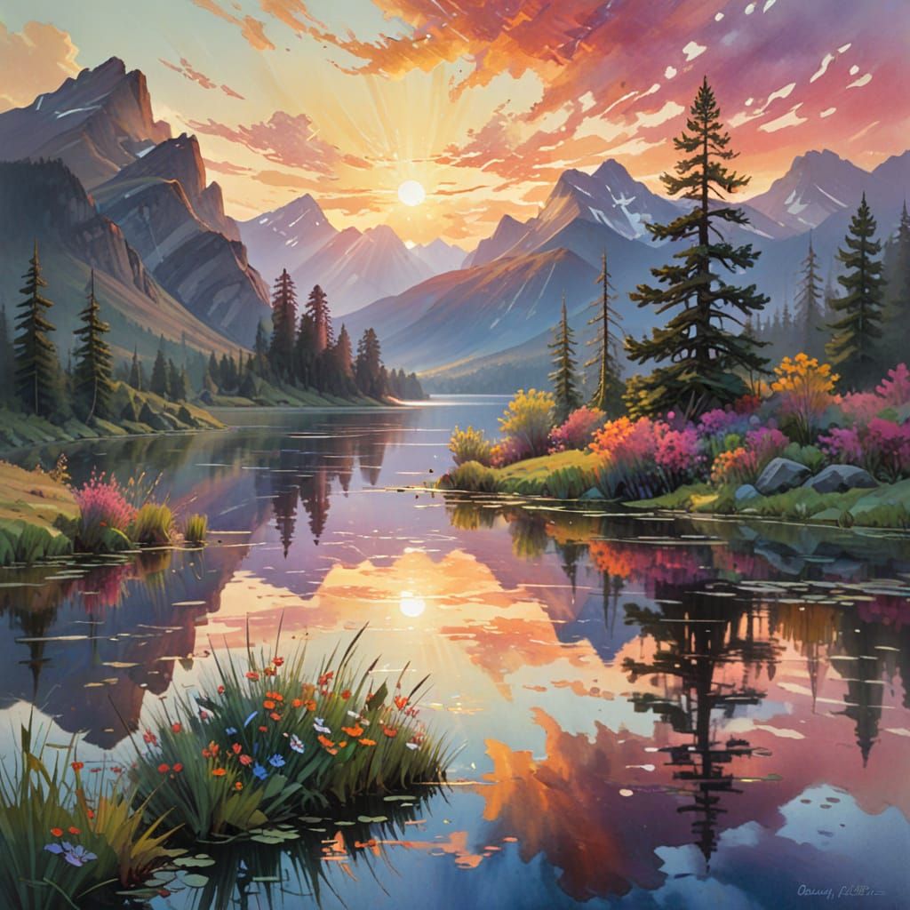 Surreal Sunset Lake Scene in Watercolor Style