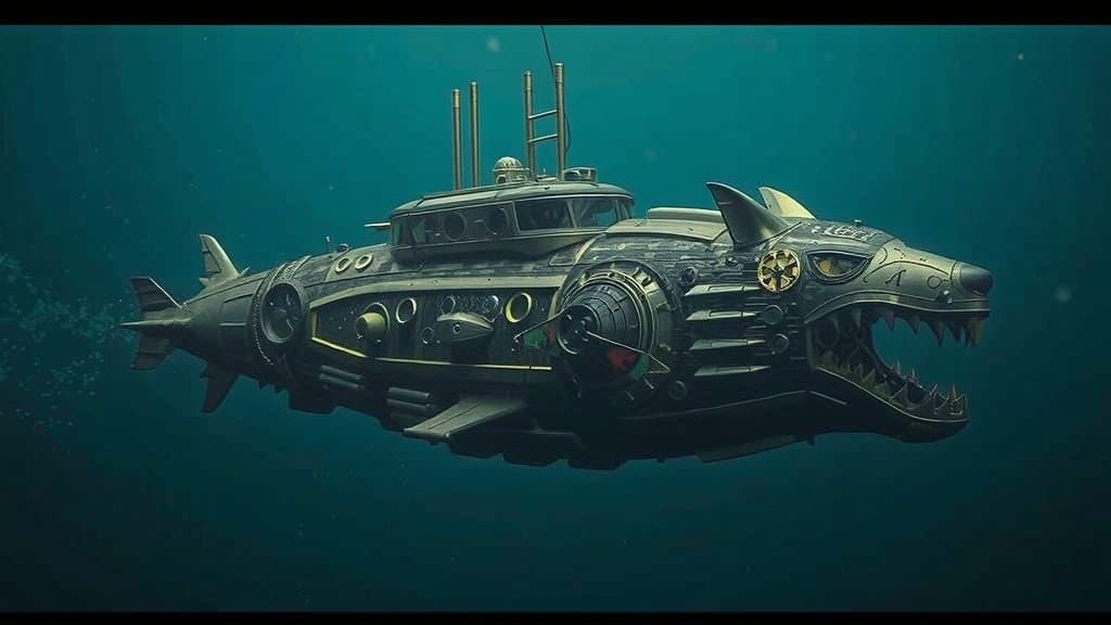 Steampunk Wolf Submarine Underwater Cinematic Film Still