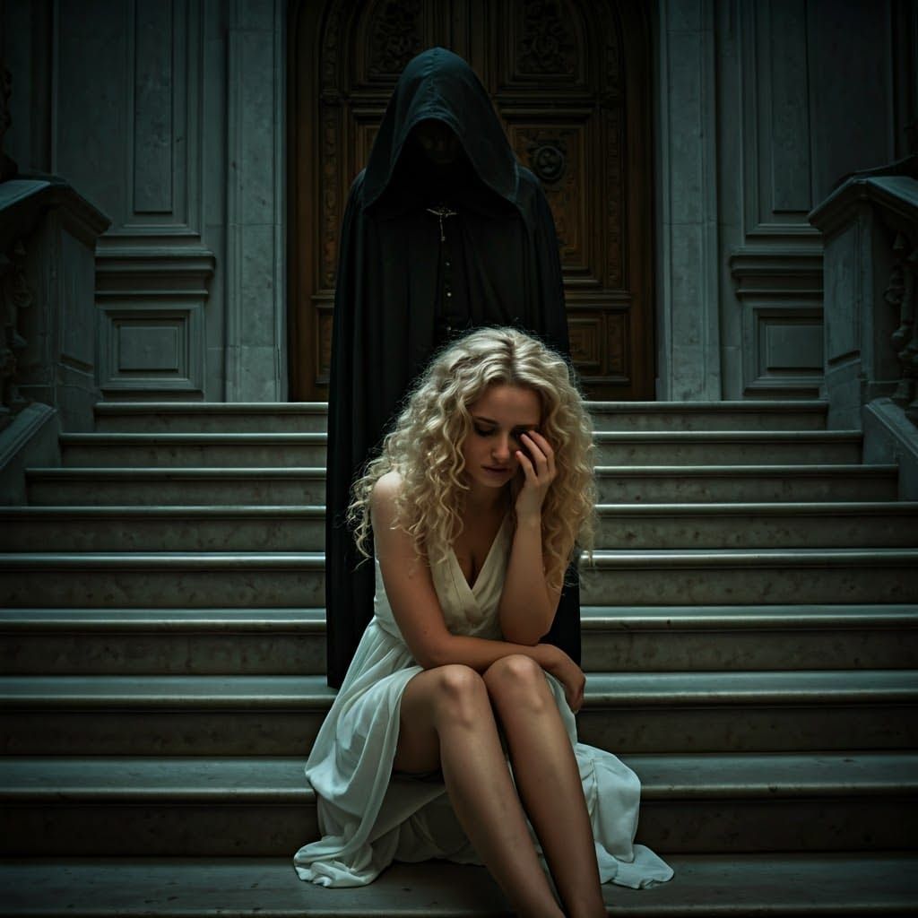 Ethereal Woman Surrounded by Foreboding Shadows in a Grand H...