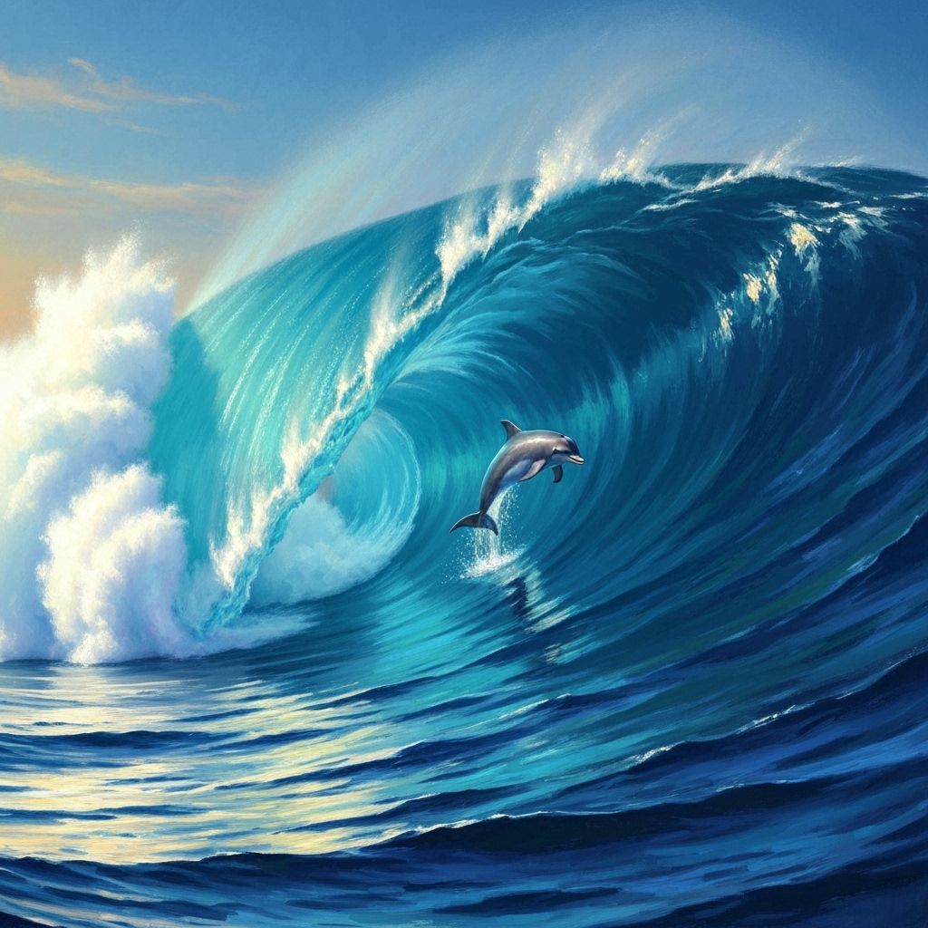 Giant Azure Wave with Leaping Dolphin in Oil Painting Style