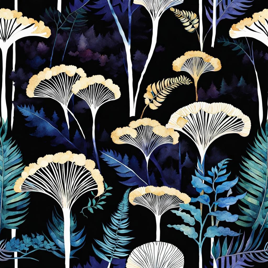 Ginko Ferns in Watercolor, Art Deco Style