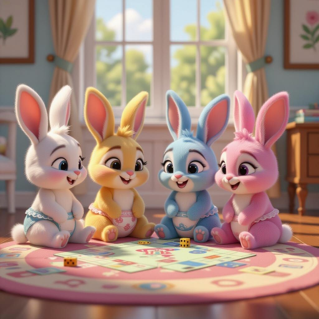 Four Adorable Bunnies Play Monopoly at a Playroom Table
