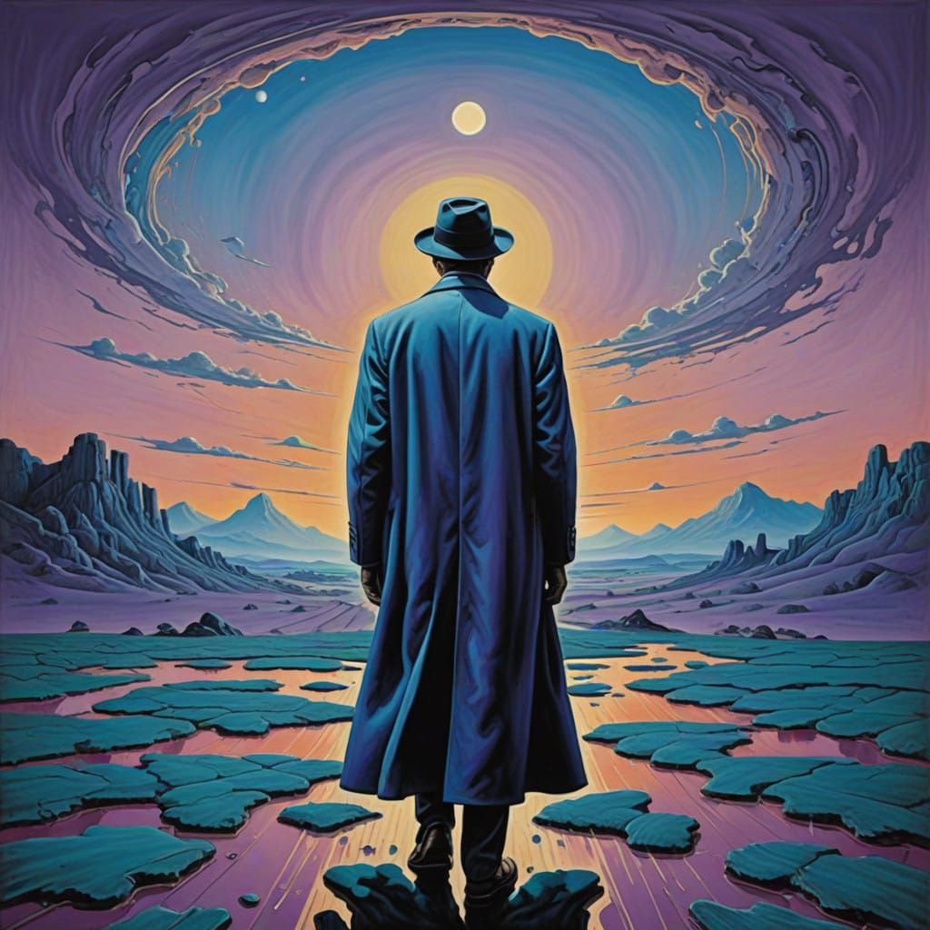 Figure in Flowing Coat Approaches in Dreamlike Landscape