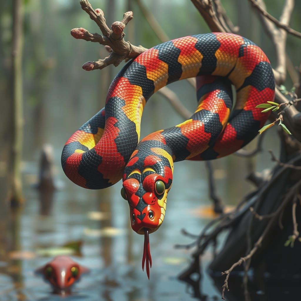 Surreal Swamp Encounter: A Serpent's Ephemeral Dance