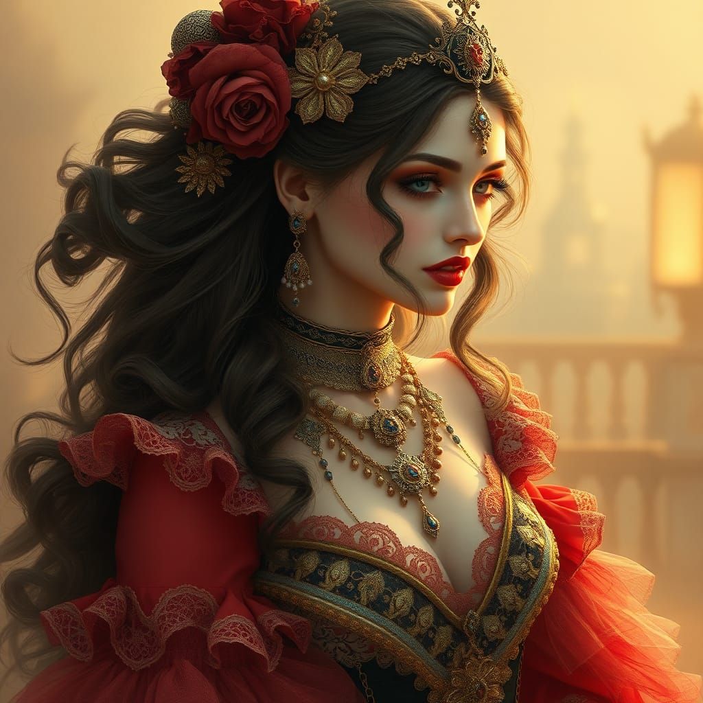 Ethereal Spanish Woman in Flamenco Costume