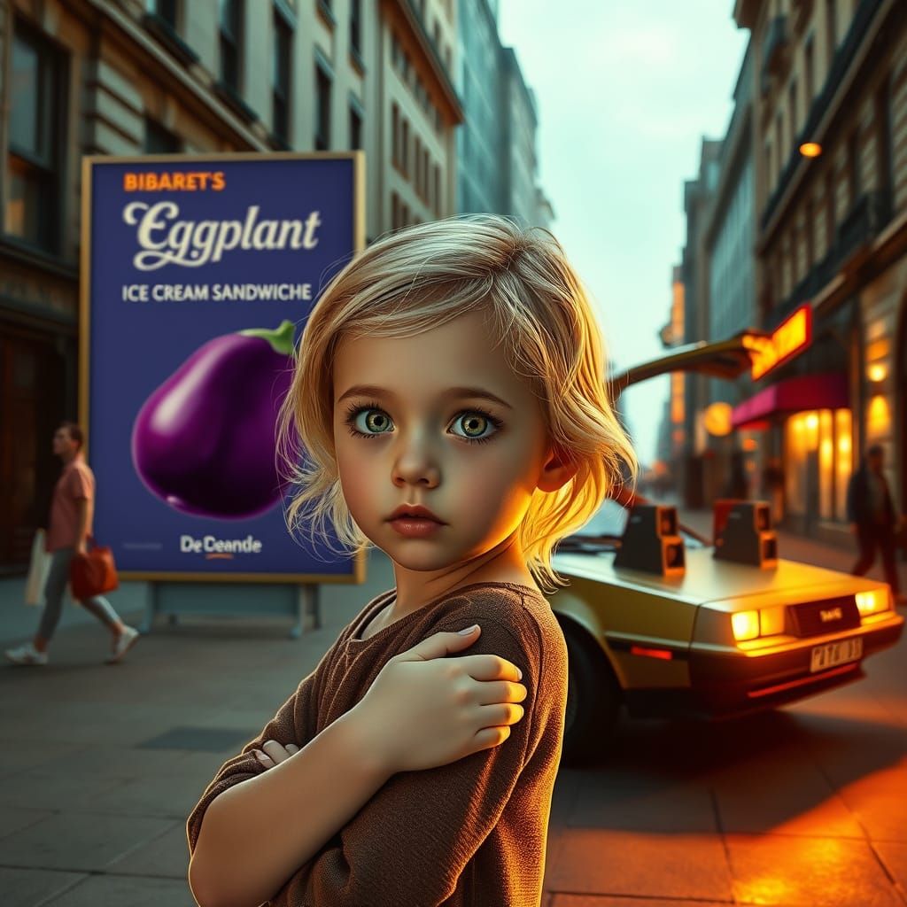 Child in Urban Setting with Surreal Advertisement