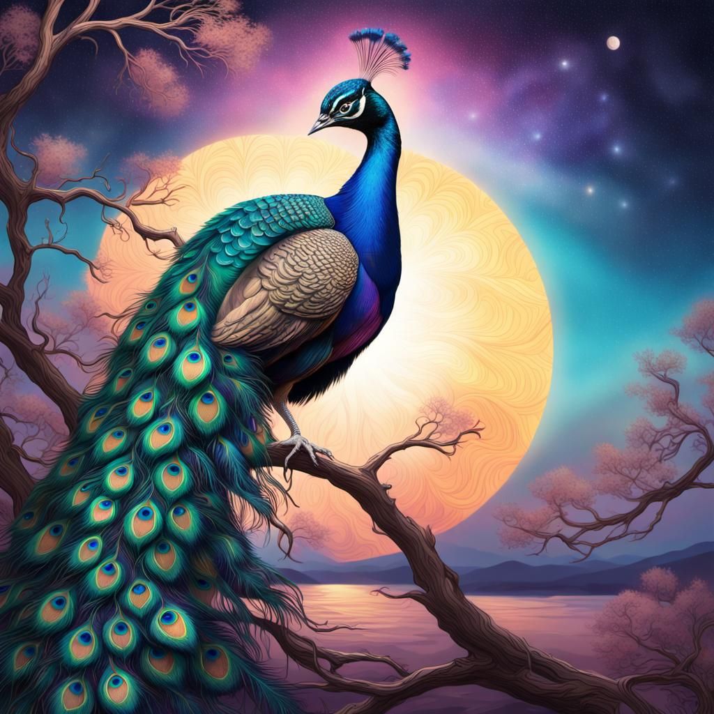 Peacock on Moonlit Branch in Cosmic Concept Art