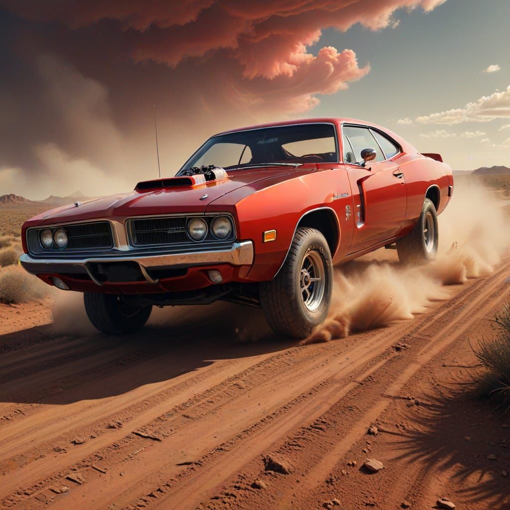Classic Red 1979 Charger Muscle Car on Dirt Road