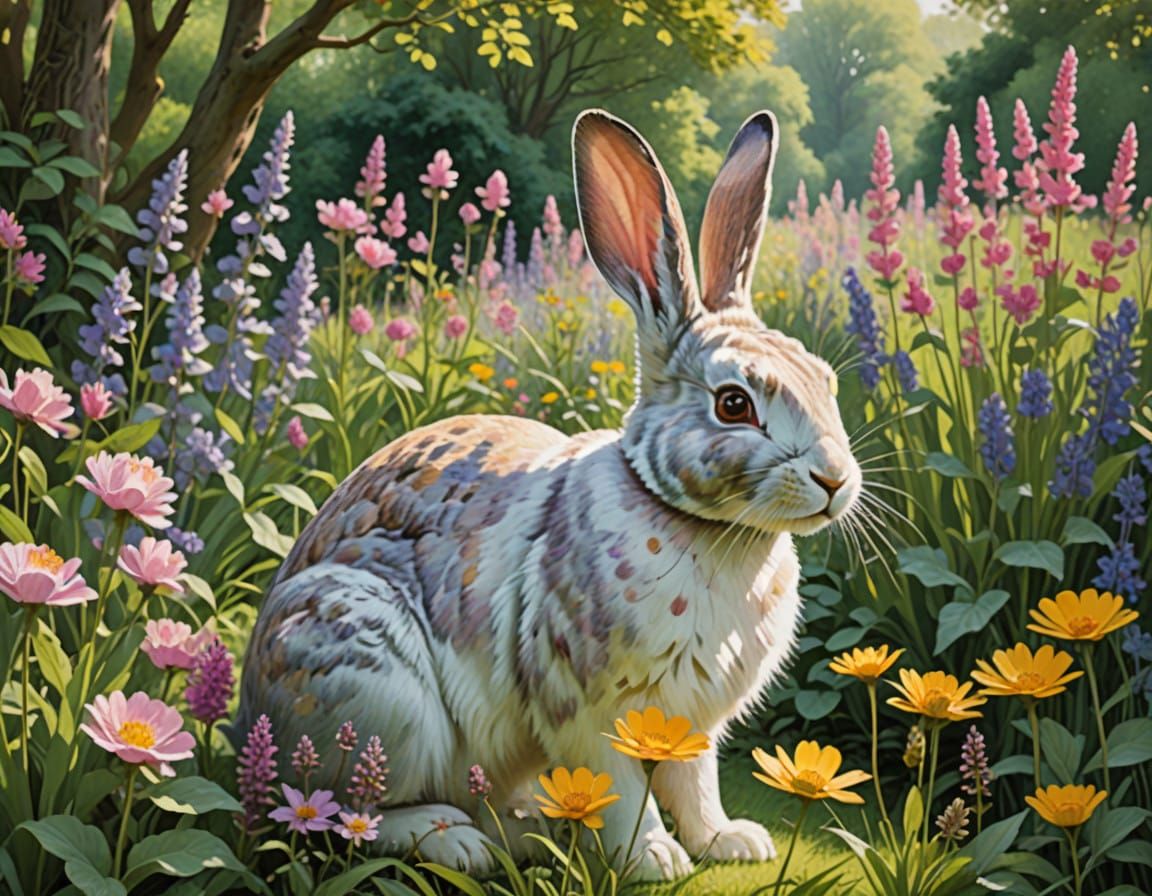 Serene Rabbit in a Vibrant Garden Scene