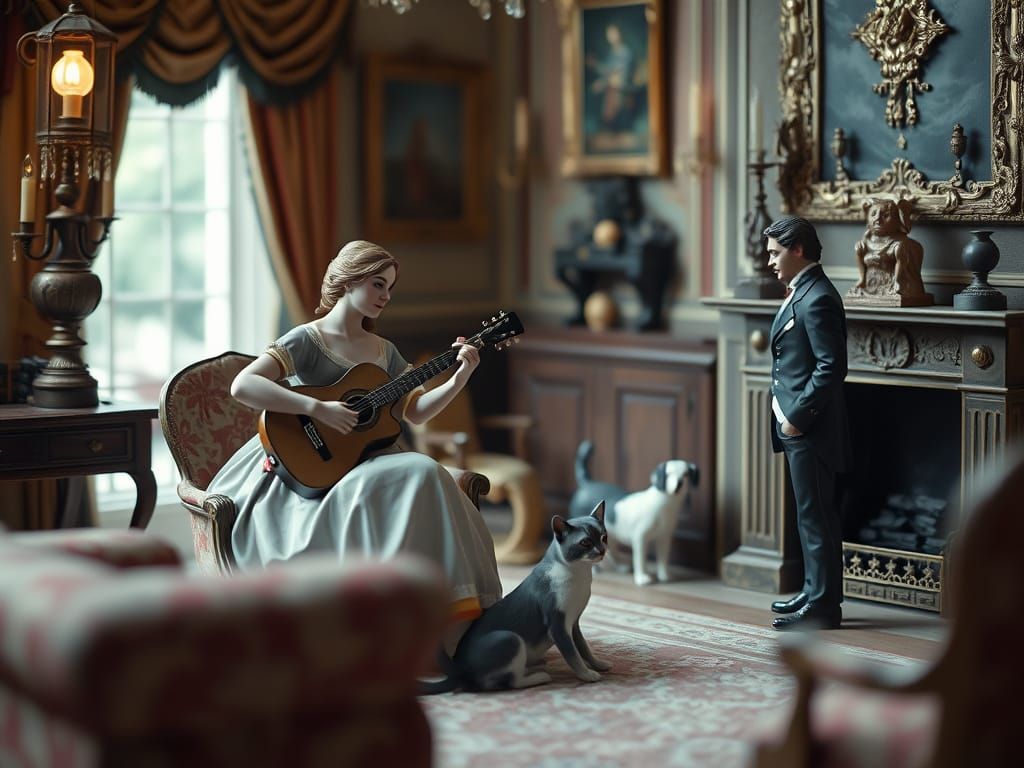 Georgian Era Woman Playing Guitar in Luxurious Drawing Room