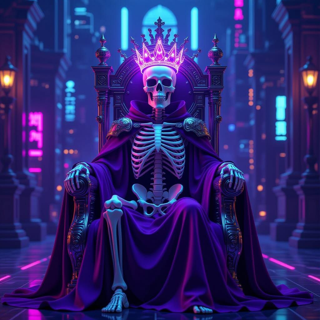 Regal Skeleton King on Chrome Throne in Retro-Futurist Style