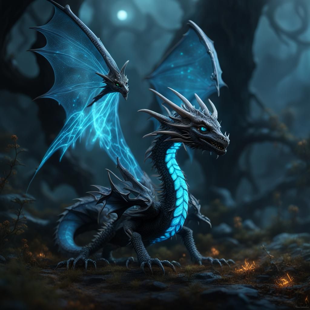 Bioluminescent Dragon with Smoky Wings: Fantasy Concept Art