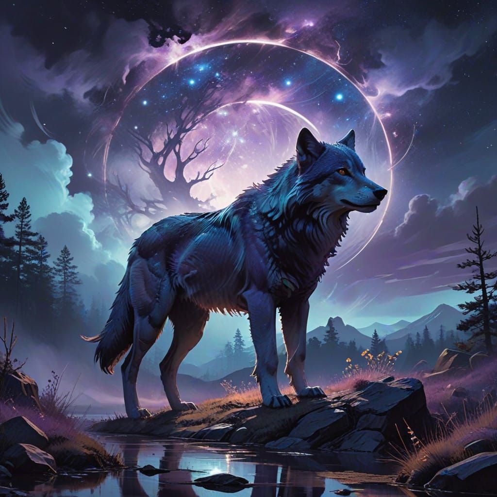 Celestial Wolf in Dreamy Starry Night Sky