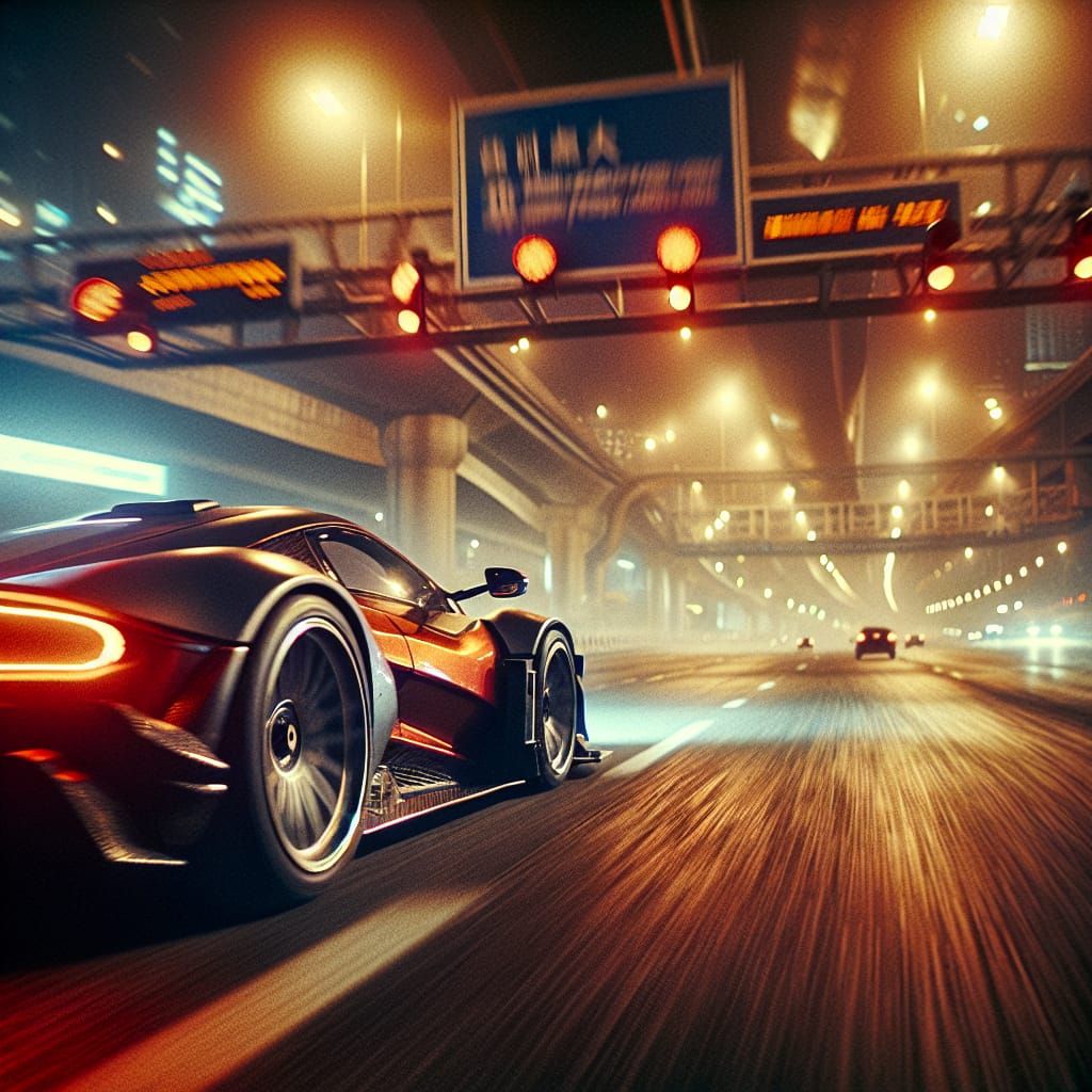 Racing Car and Driver in City at Night