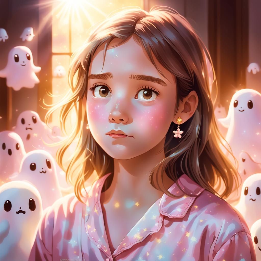 Girl Surrounded by Cute Ghosts in Dreamy Soft Focus
