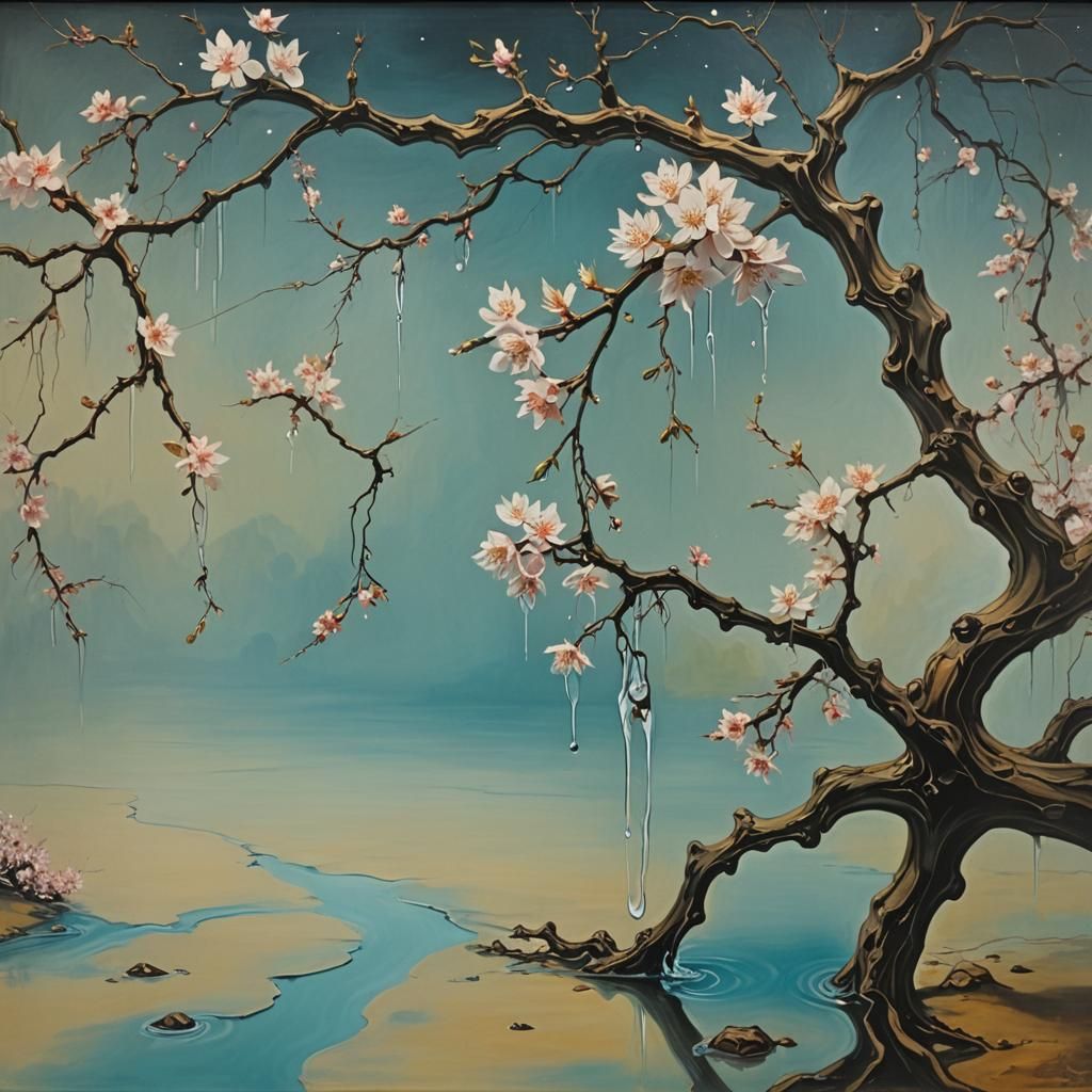 Surreal River Scene with Cherry Blossoms in Dali Style