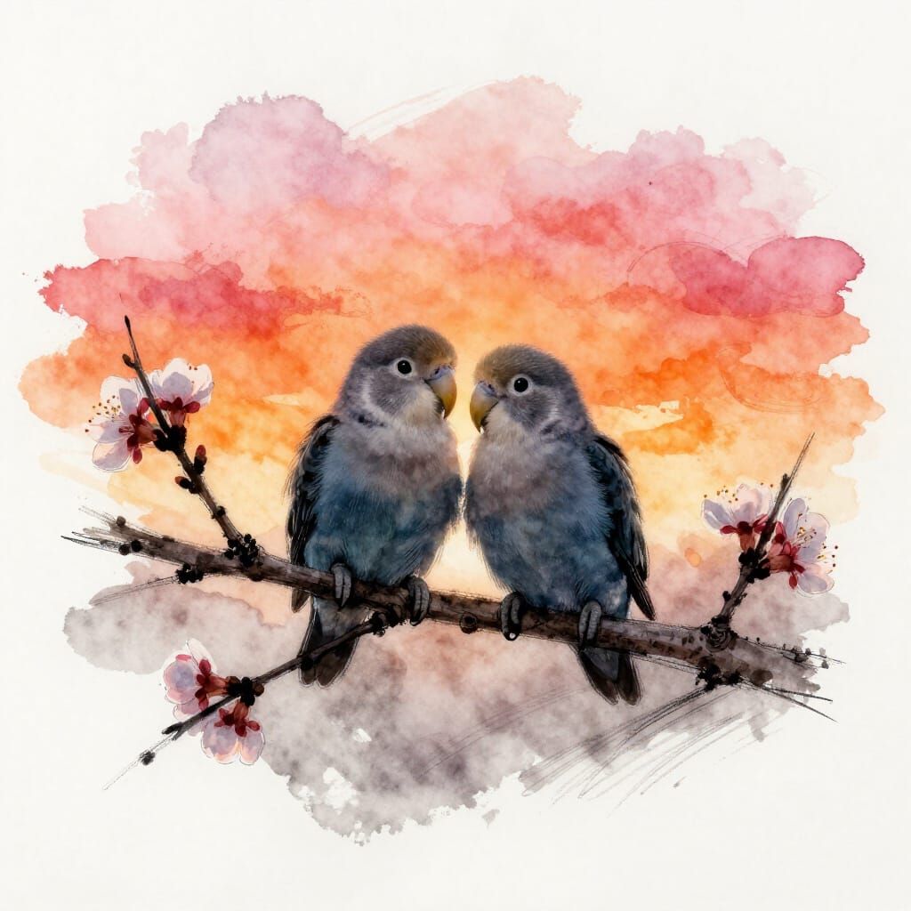 Lovebirds Silhouetted on Blossoming Branch at Sunset
