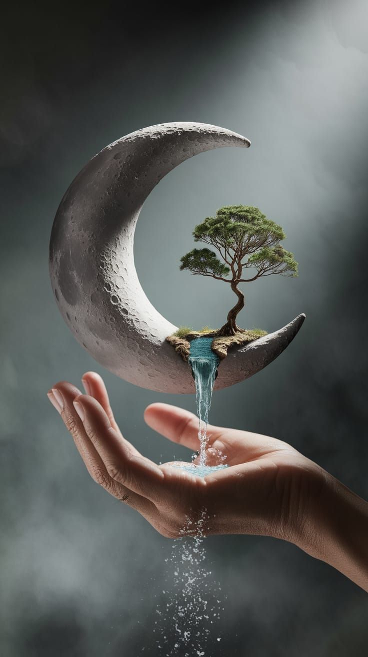 Crescent Moon Held by Ancient Hand Photograph