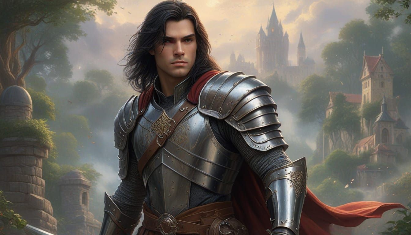 Medieval Prince in Ethereal Armor, Wielding Sword in Misty L...