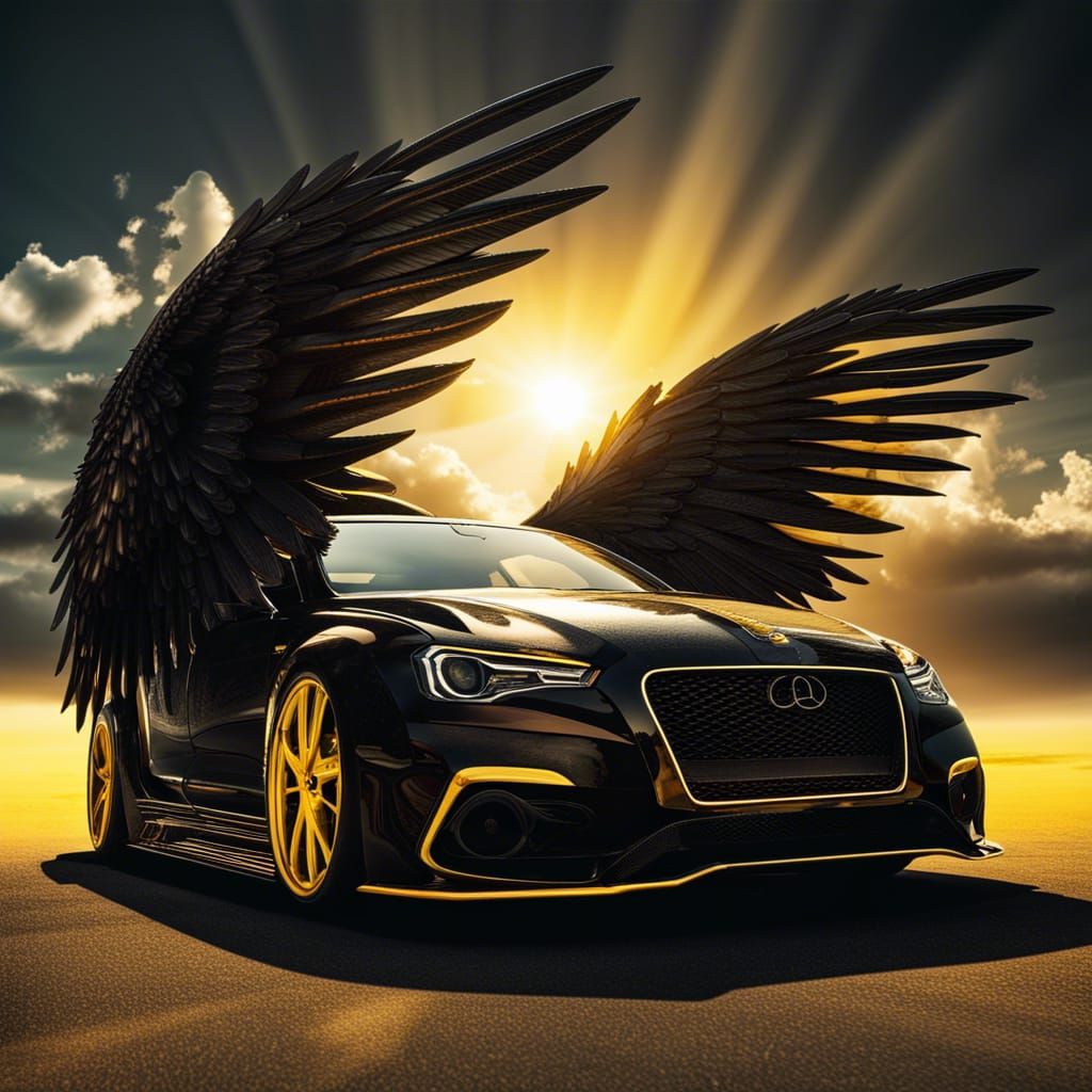 Black Magic Car with Wings in Hyperrealistic Style